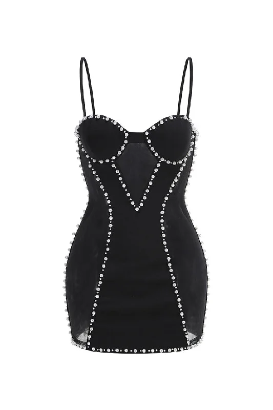 Seasonal Trends Sexy Pearl Trim Bustier Spaghetti Strap Sheer Mesh Panel Club Mini Dress