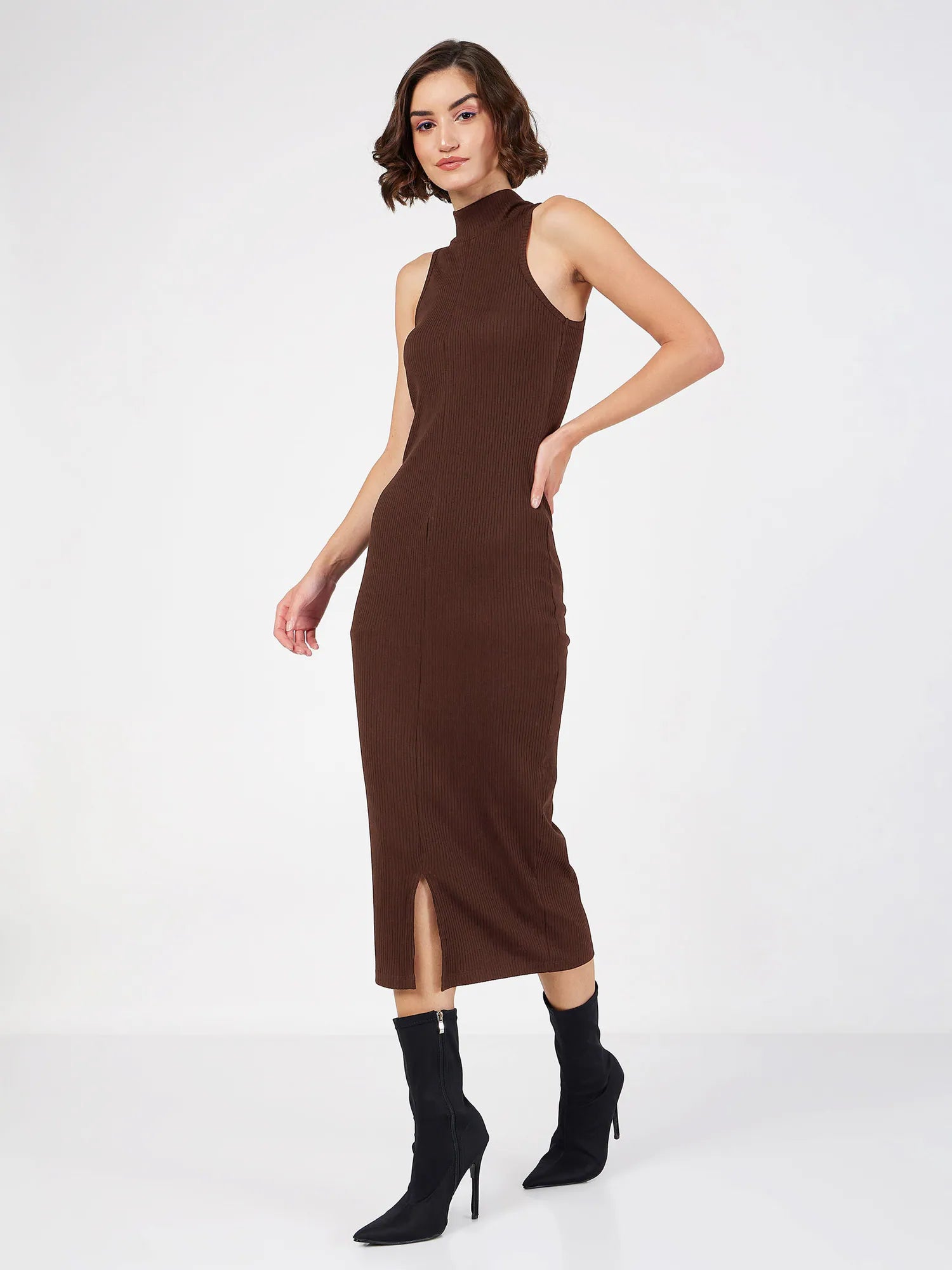 Style Breakthroughs Women Dark Brown Rib Turtle Neck Sleeveless Midi Dress-SFDRSS12512