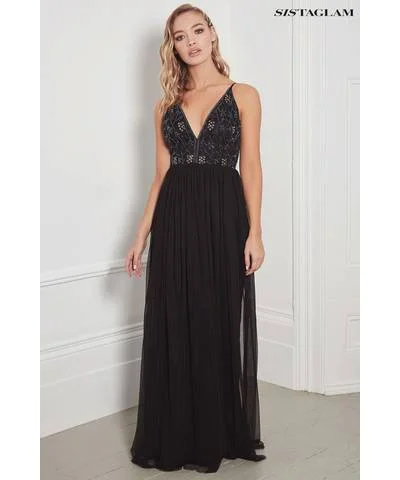 Trendy Women's Wear Black Plunge Embellished Maxi Dress