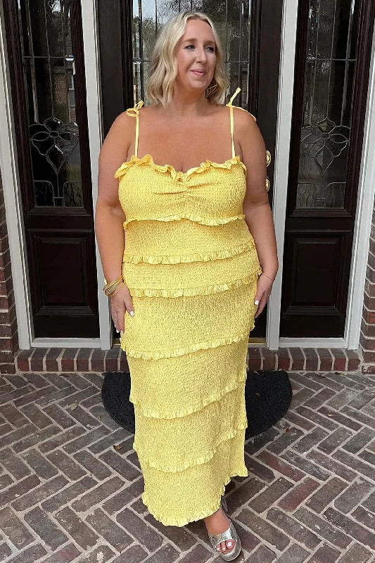 Sale On Clothing Spaghetti Strap Ruffle Smoked Midi Dress in Yellow