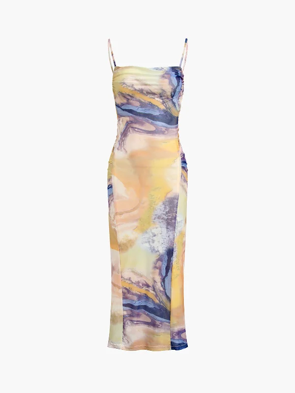 Big Savings Granite Tie Dye Mesh Ruched Midi Dress