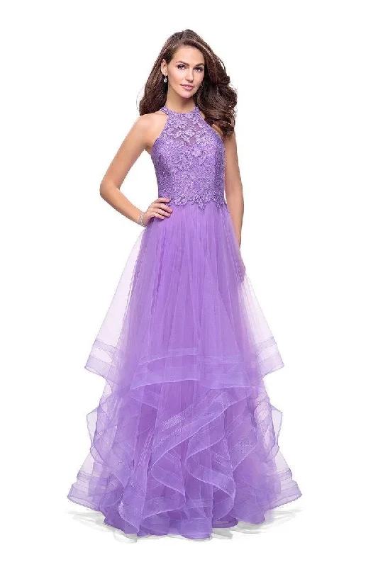 Unleash Your Trend Driven Style La Femme - 25671 High Halter Lace Bodice Tiered Tulle Gown