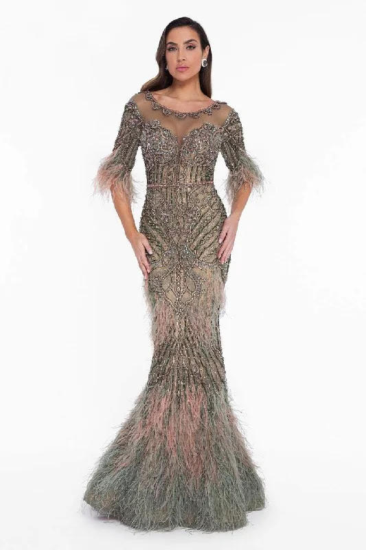 Vibrant Styles Terani Couture - 1821GL7412 Feather Ornate Illusion Scoop Beaded Gown