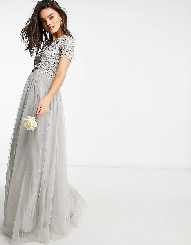 Casual Chic Grey V-Neck Short Sleeve Sequin Maxi Dress