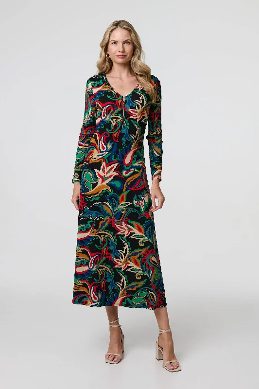 Step Ahead, Lead The Trend Printed Zip Front Long Sleeve Maxi Dress