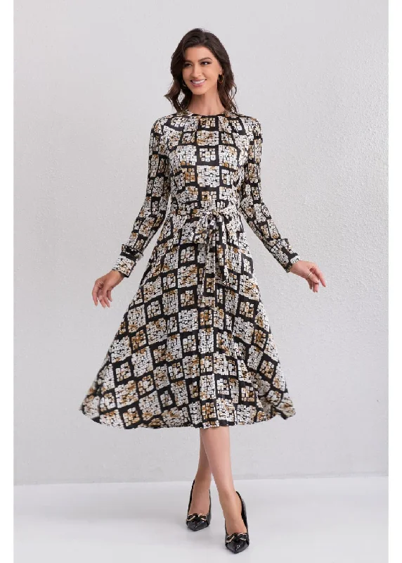 Fashion Deal Golden Check Midi Dress