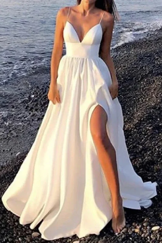 Style Versatile Women's Collection Long White Prom Dress V Neck Long Formal Maxi Dress Open Back with High Slit