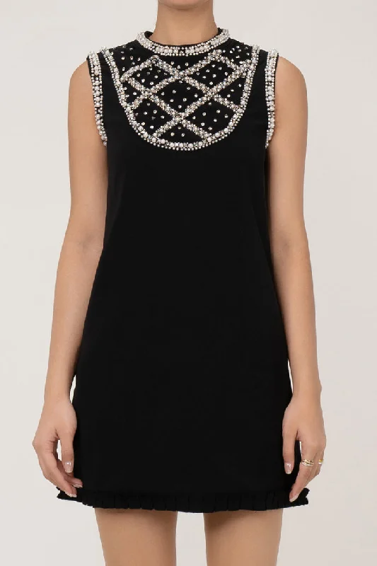 Extreme Clearance Deals Lavish Rhinestone & Pearl Crew Neck Sleeveless A Line Crepe Party Mini Dress