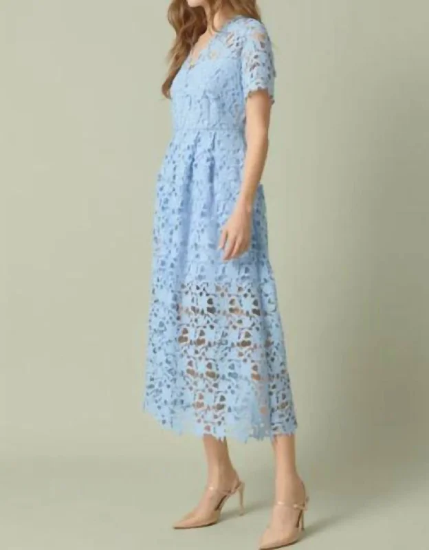 Trend Alert All Over Lace Short Sleeve Midi Dress In Light Blue