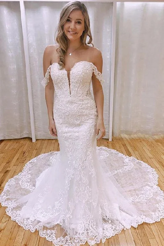 Brand Name Clothing Discount Extravaganza Roycebridal Mermaid Off-the-Shoulder Lace Appliques Wedding Dresses With Train, MW760