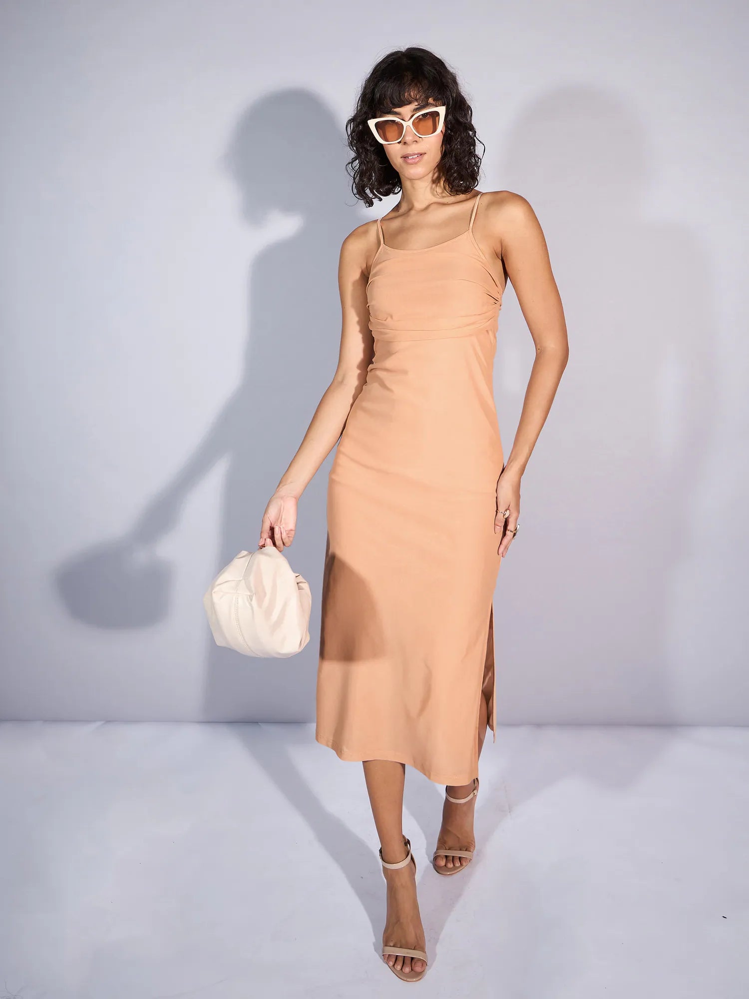 Fashion Forward Femininity Women Beige Mesh Strappy Midi Dress-SFDRSS12367