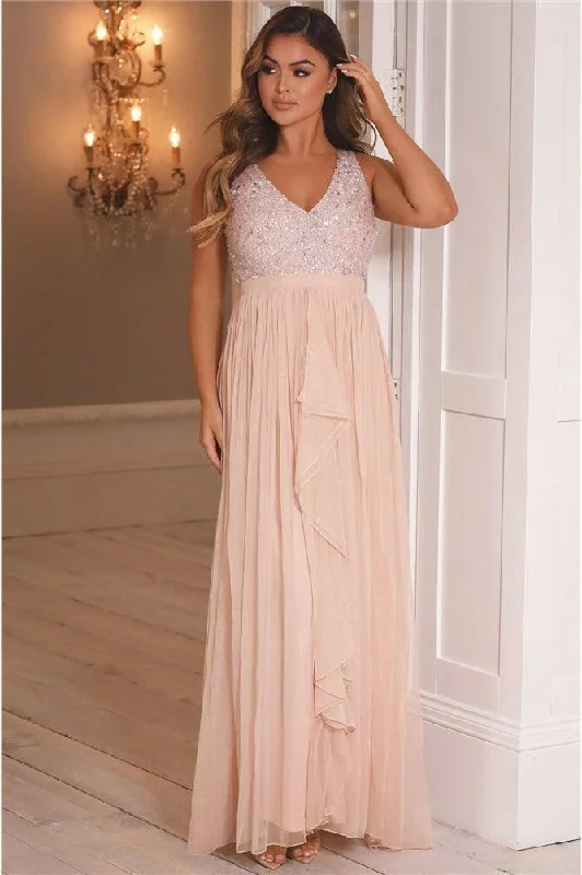 Vibrant Styles V-Neck Sequin Maxi Dress Pink