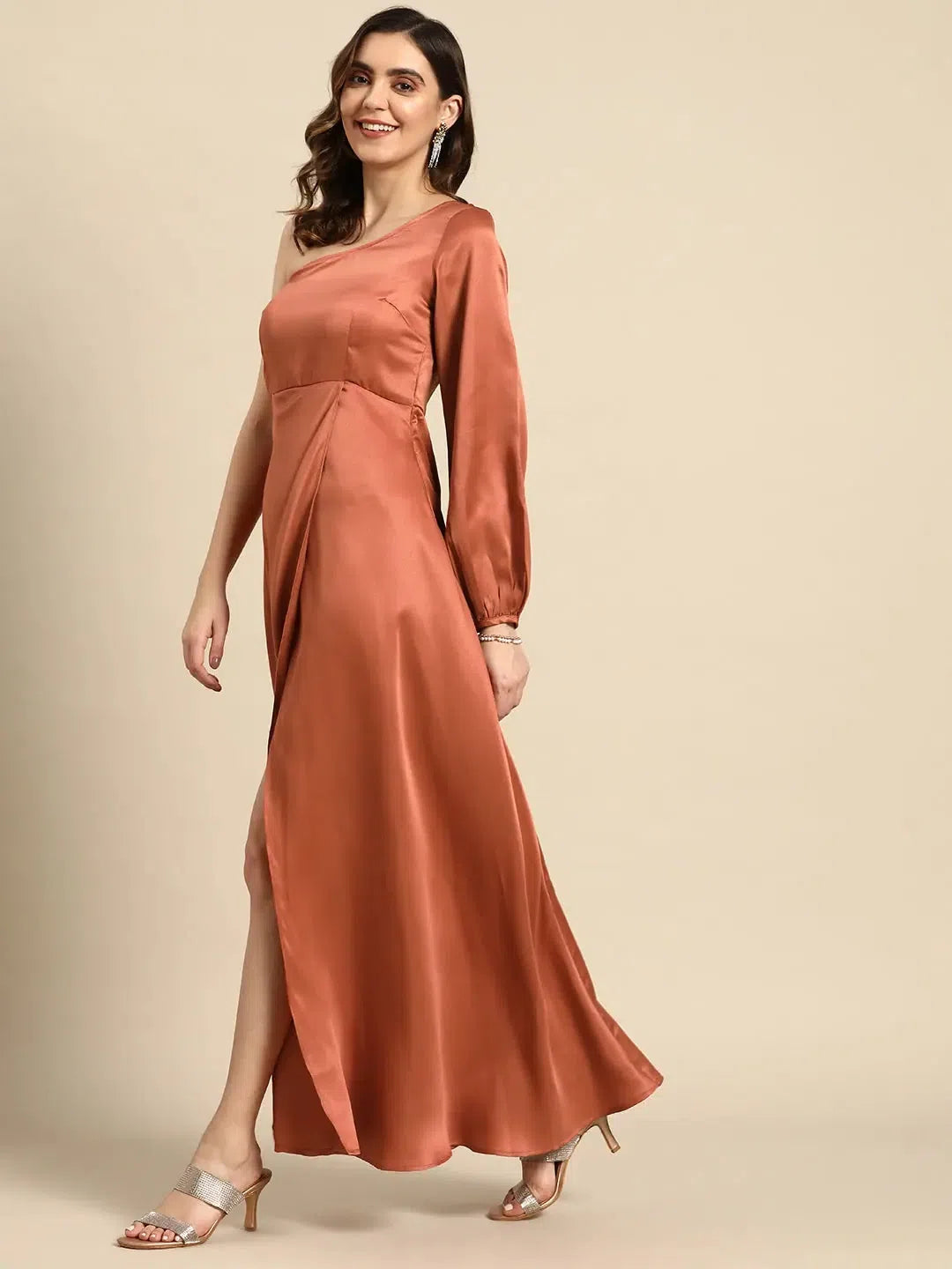 Exclusive Sale One shoulder Over lap Maxi Dress in Rust