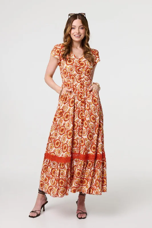 Trendy Pulse Paisley Cap Sleeve Lace Trim Maxi Dress