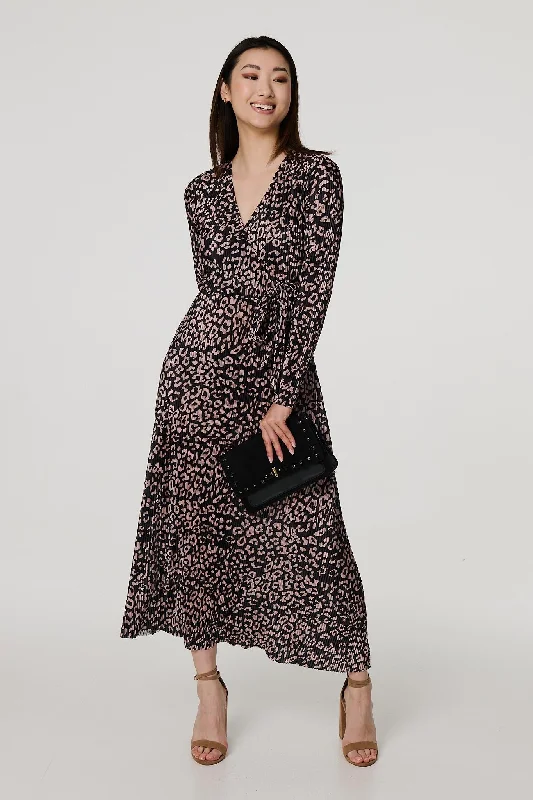 Casual Yet Stylish Separates Animal Print Pleated Wrap Midi Dress