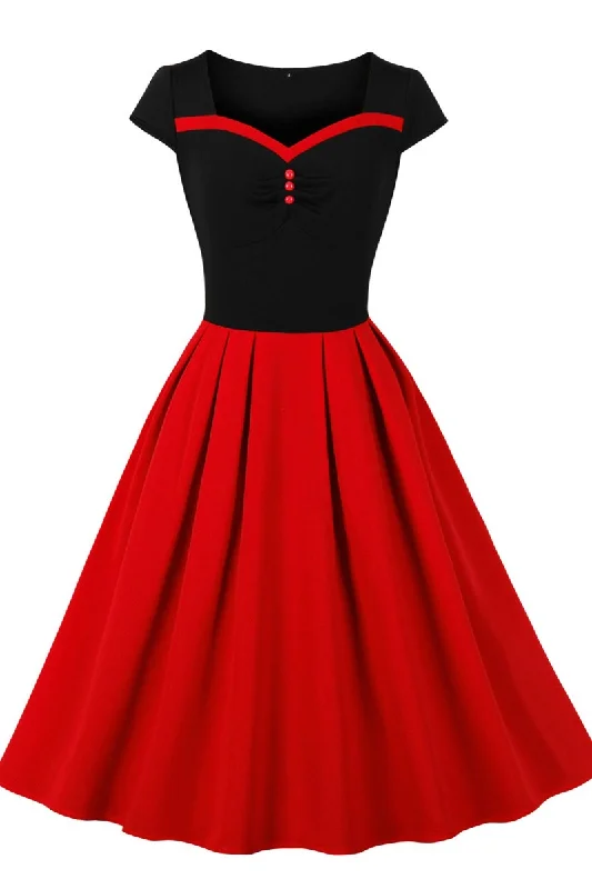 Discount Price Vintage Black and Red Cap Sleeve A-Line Midi Dress