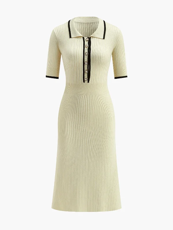 Day-To-Night Styles Contrast Trim Collared Rib Knit Short Sleeve Midi Dress