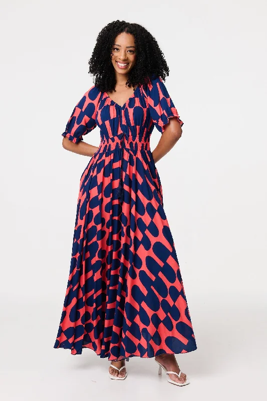 Comfortable Chic Printed V-Neck Short Puff Sleeve Maxi Dress