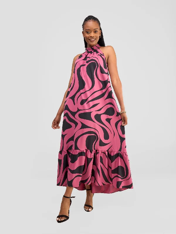 Brand Name Clothing Discount Extravaganza Vivo Halter Maxi Dress - Dark Pink / Black Manda Print