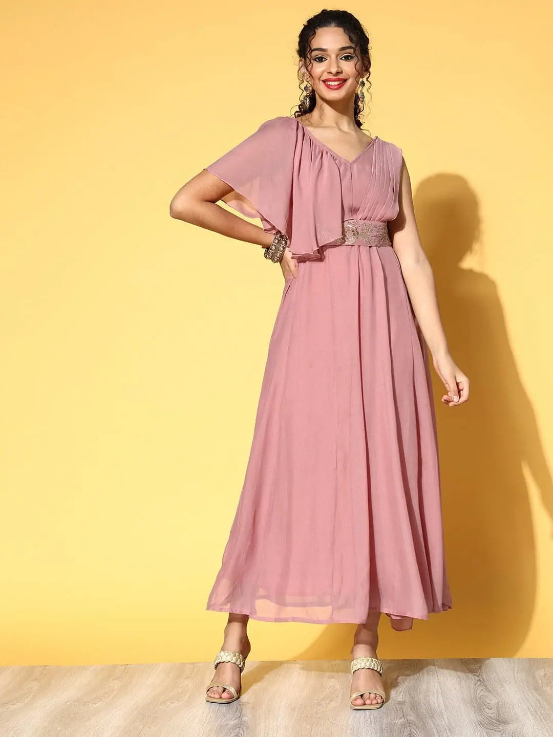 Effortless Style, Endless Impact Women Baked Pink Drape Dupatta Anarkali Maxi Dress