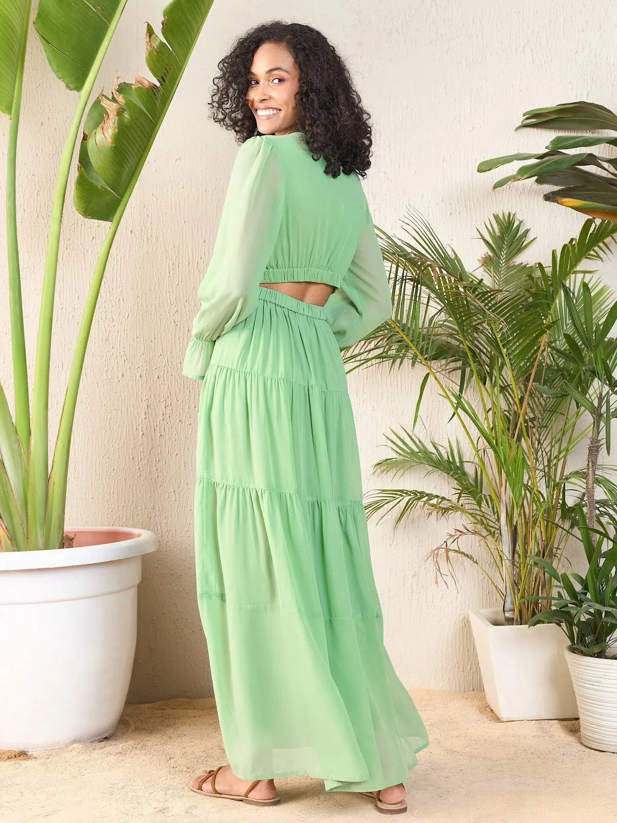 Elegant Clothing Women Jade Green Waist Cut-Out Maxi Dress