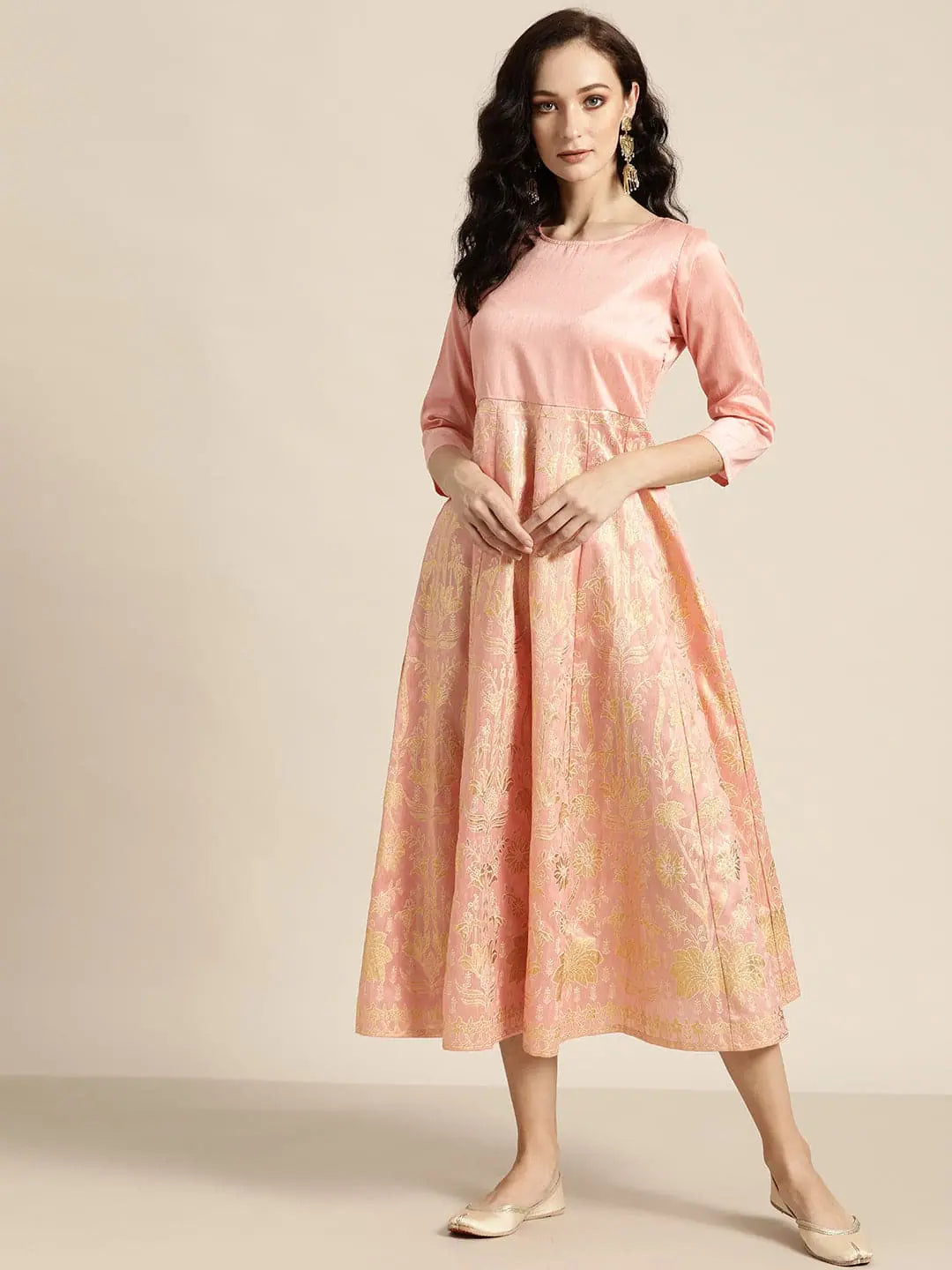 Chic Trends Unveiled Peach Gold Foil Print Anarkali Maxi Dress