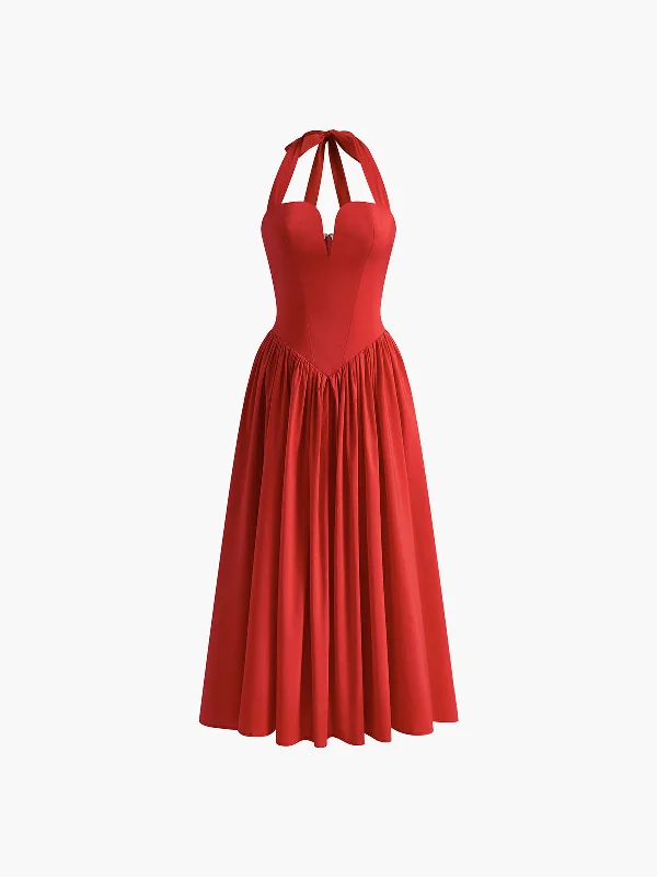 Stylish Savings Halter Sweetheart Pleated Midi Dress