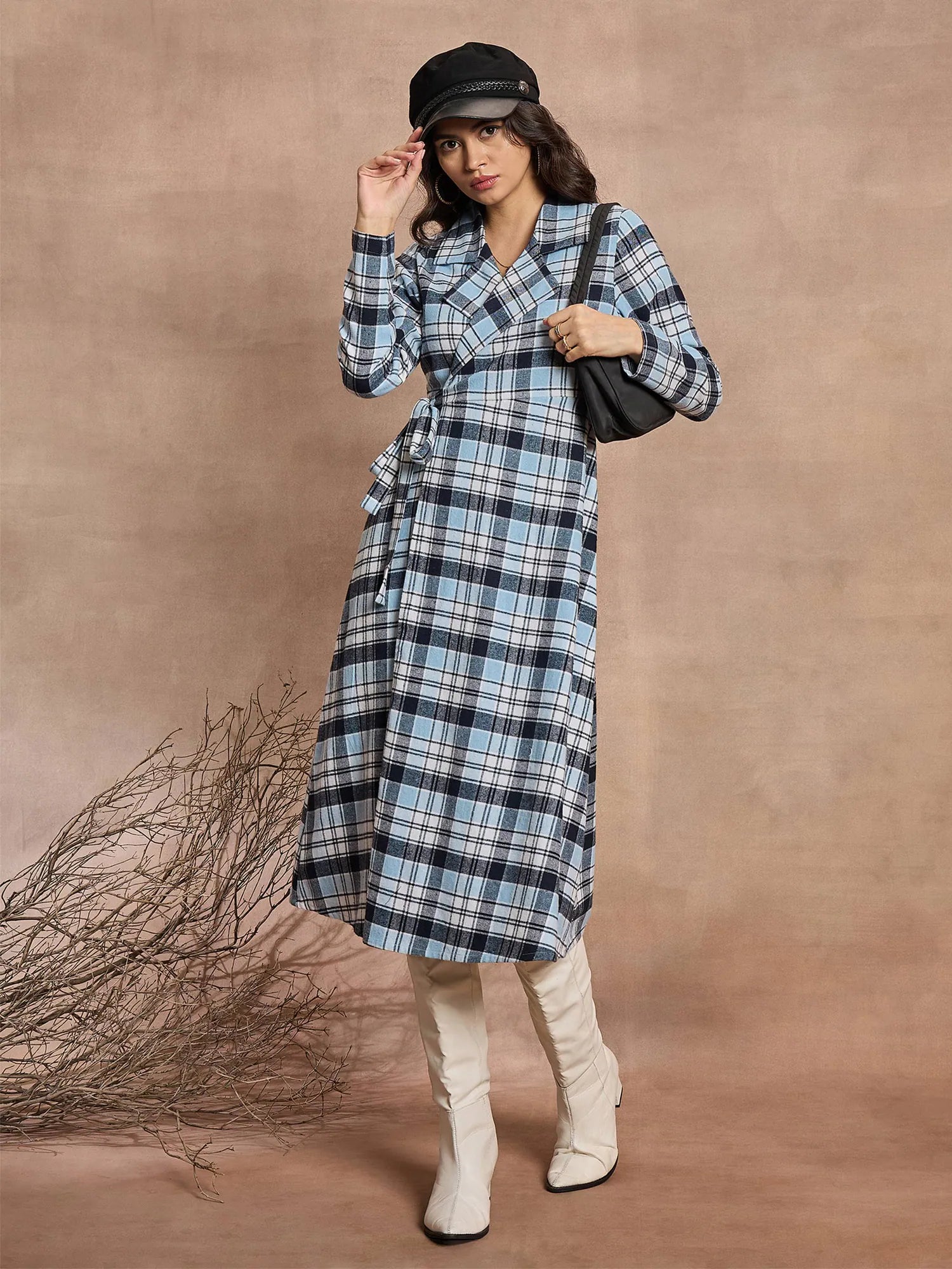 Trend Driven Wardrobe Women Blue Check Wrap Tie-Up Midi Dress-SFDRSS12519