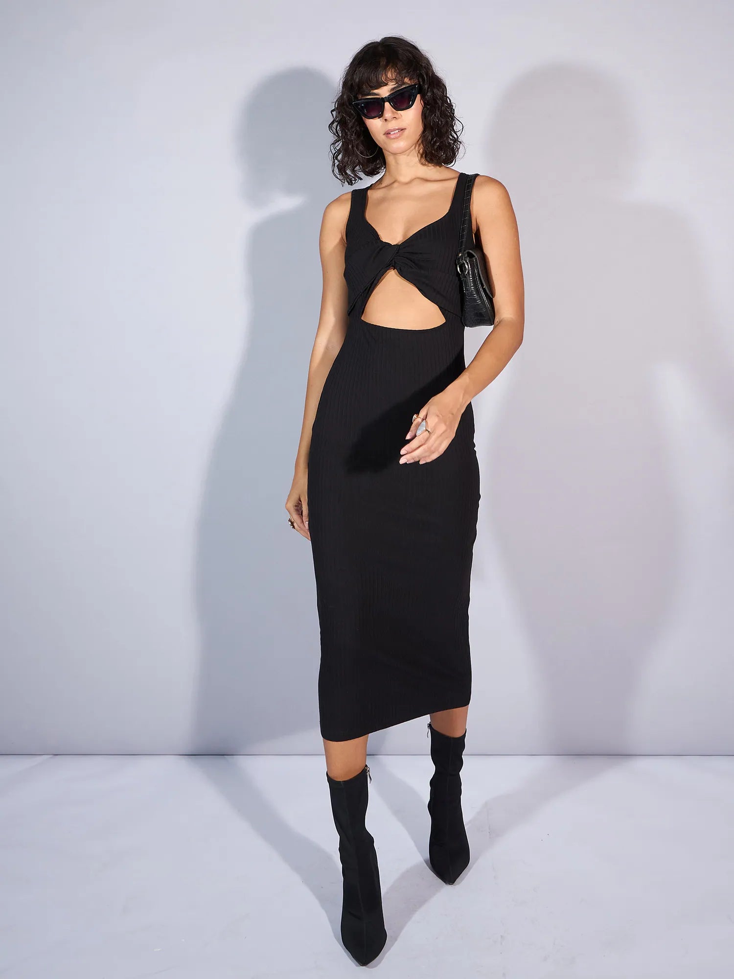 Runway Inspired Wear Women Black Rib Front Twist Cut-Out Midi Dress-SFDRSS12346