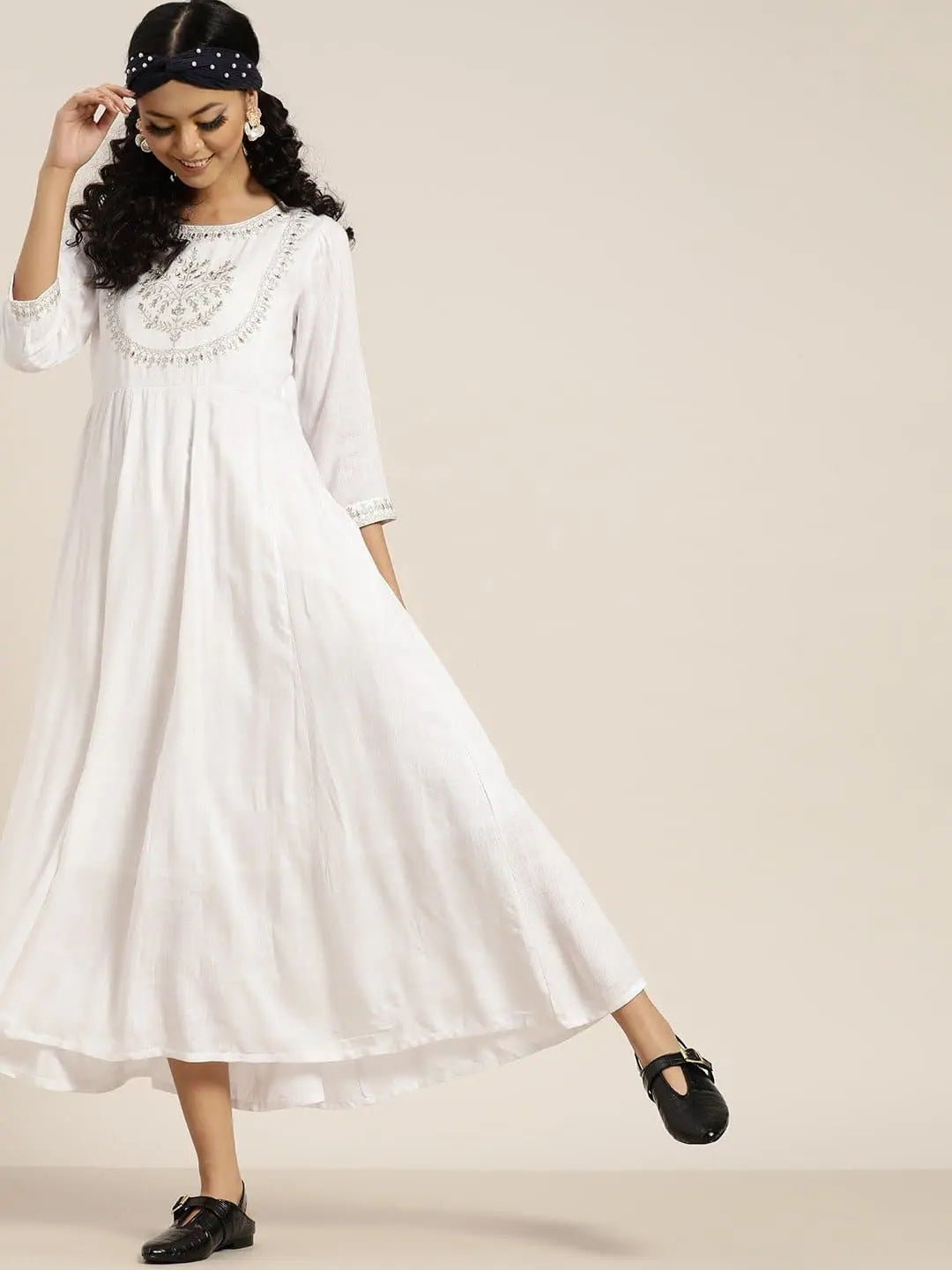 Versatile Wardrobe Essentials White Zari Embroidery Anrakali Maxi Dress