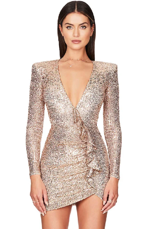 Latest Trends Sparkly Galaxy Long Sleeve Ruffle Deep V Sequin Mini Dress - Champagne