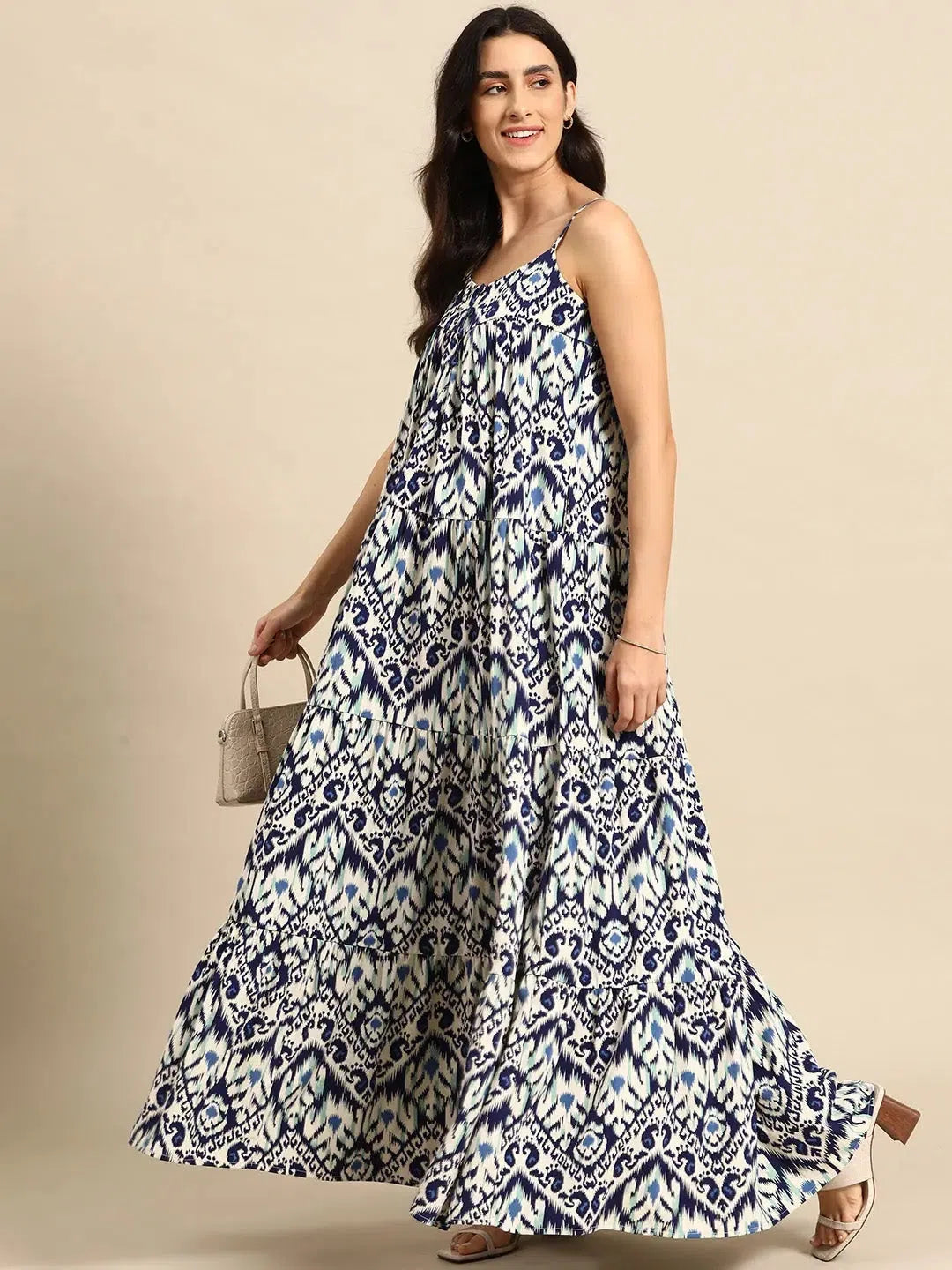 Latest Fashion Tiered maxi Dress in Blue Ikkat Print