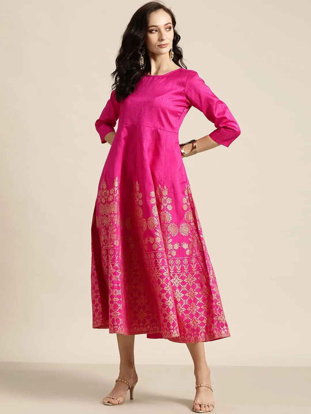 Chic & Cozy Collection Fuchsia Foil Print Anarkali Maxi Dress