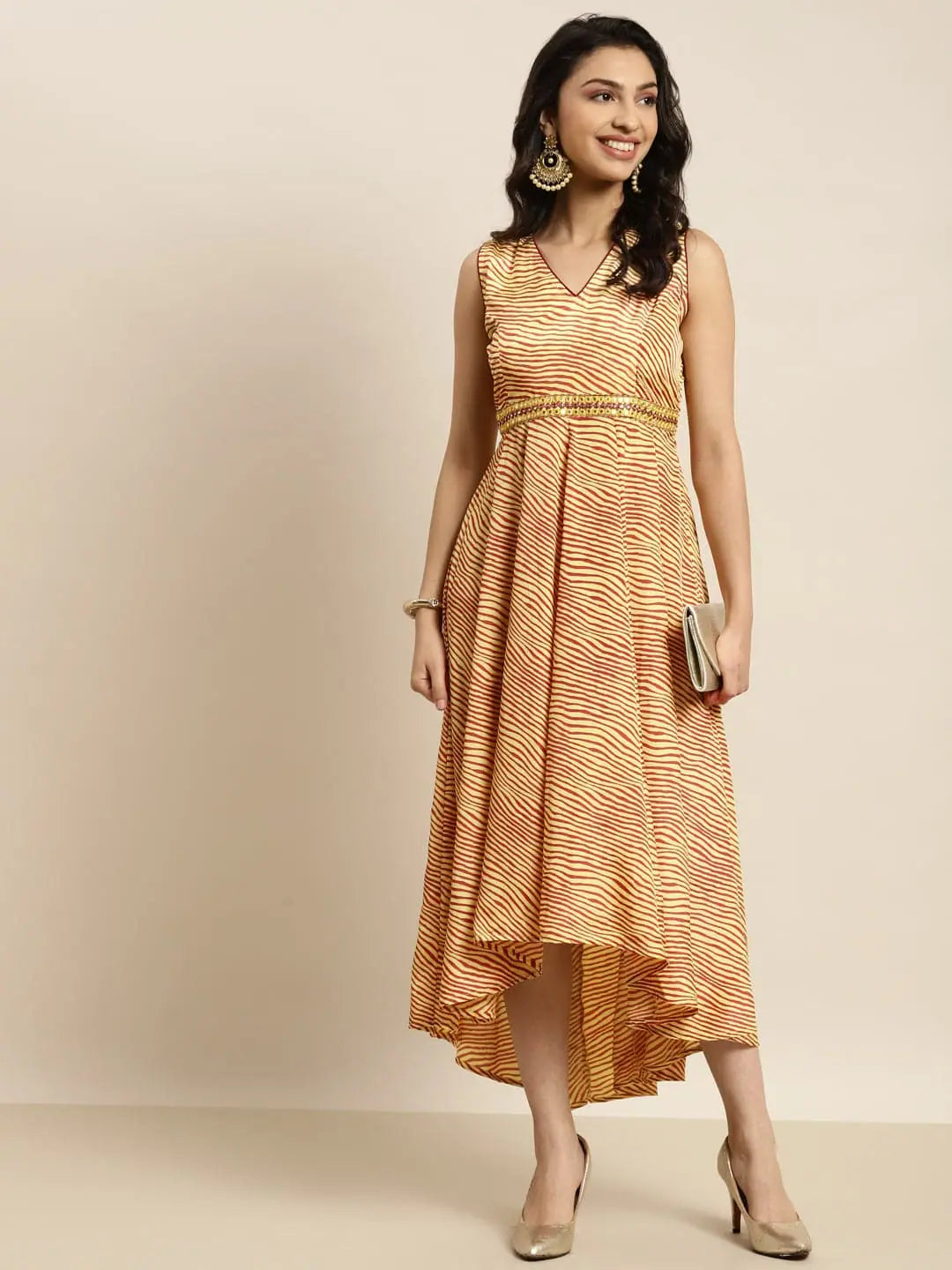 Style Beyond Borders Women Mustard Lehariya High Low Anarkali Maxi Dress