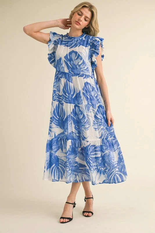 Trendy Aesthetics Tropical Leaf Tiered Layer Midi Dress