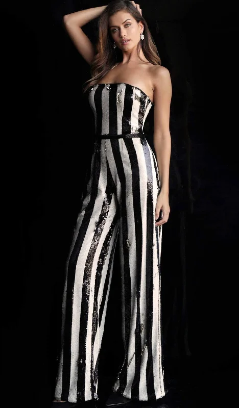 Timeless Classics Jovani - Contrast Striped Sequined Jumpsuit 65397SC - 1 pc Black/White In Size 8 Available