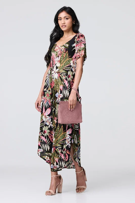 Special Offer For You Tropical Print 1/2 Sleeve Maxi Dress