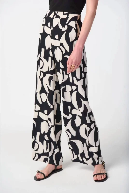 Women's Clothing Online Sale Abstract Print Wide-Leg Pants In Black/moonstone