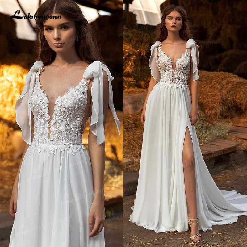 Elegant Clothing Roycebridal Sexy Side Slit Boho Wedding Dresses Sweep Train Charming Beach Chiffon A Line Lace Bridal Gowns V Neck vestido de novia