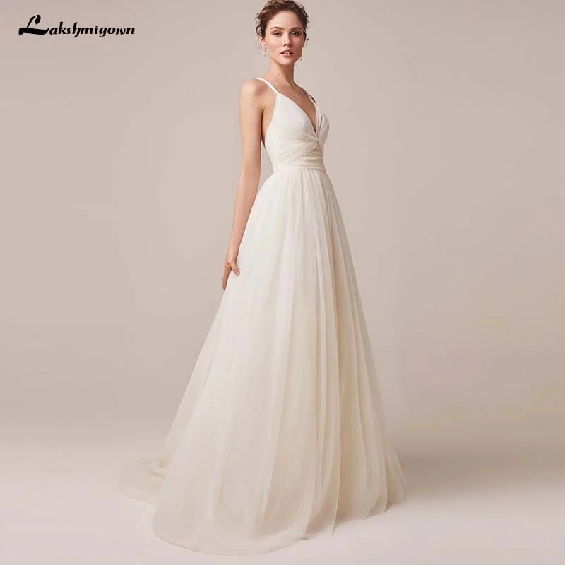 Premium Fashion Roycebridal Sexy Spaghetti Straps Tulle Wedding Dress Vestido De Novia Sleeveless V-neck Backless Bride Dresses Robe De Mariage