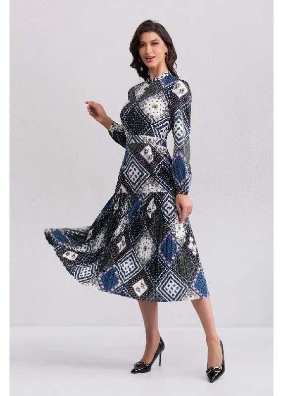 Elegant Style Vintage Diamond Print Midi Dress