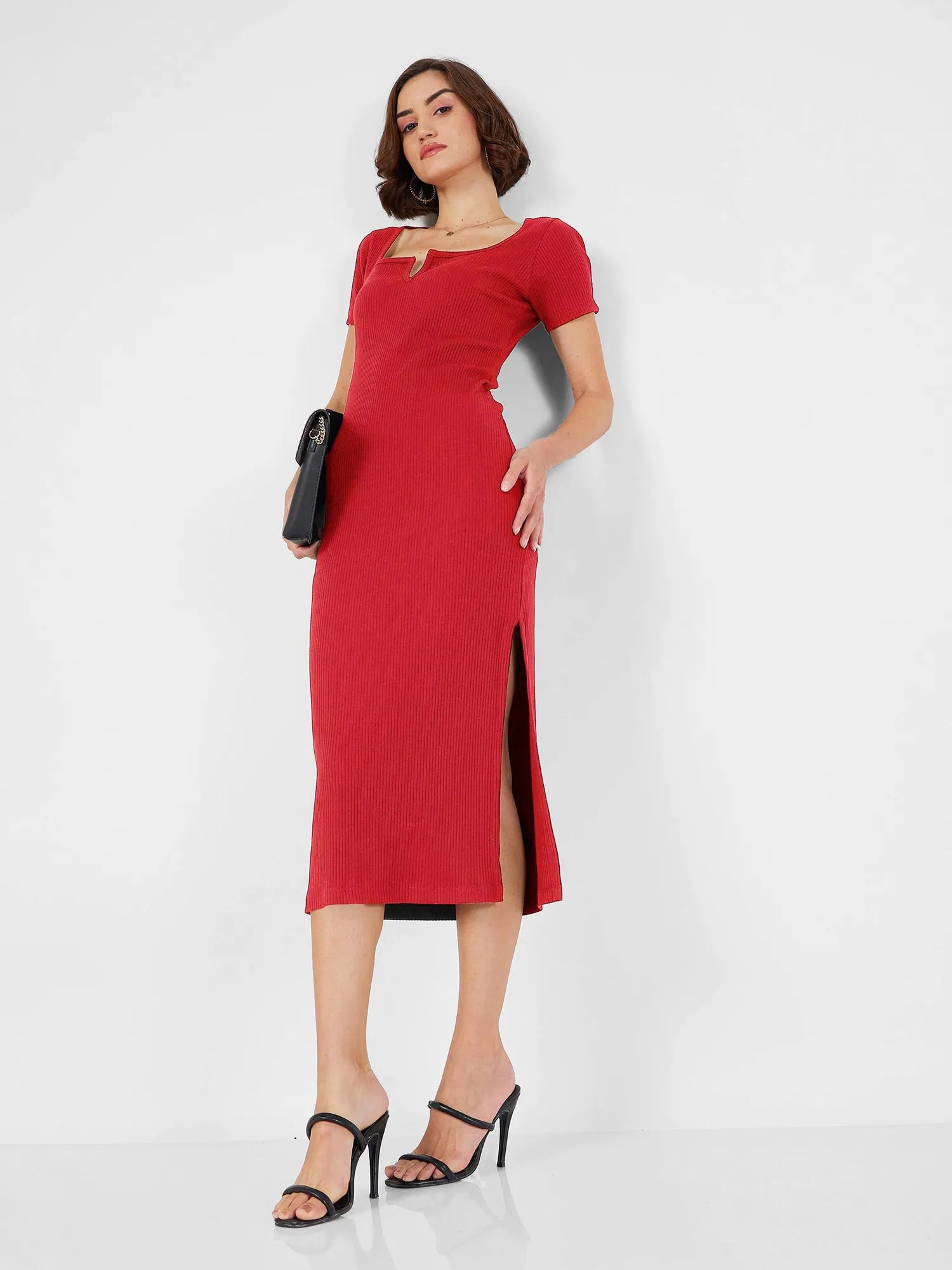 Break Fashion Norms Women Red Rib V-Neck Midi Dress-SFDRSS12497