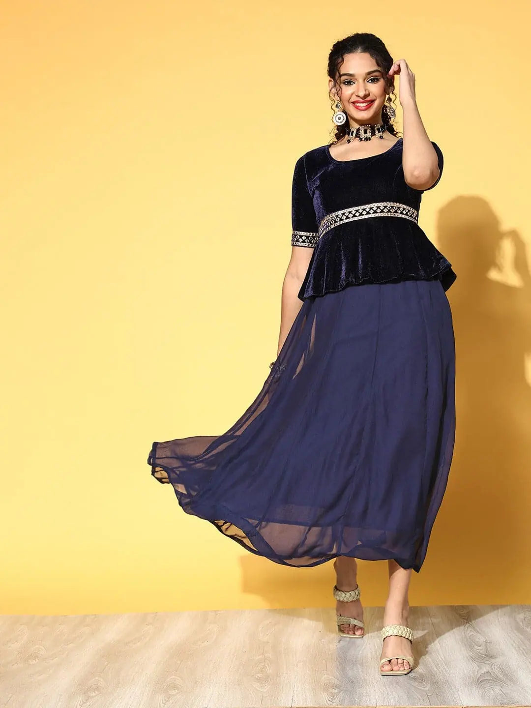 Fashion Forward, Function First Women Navy Embroidered Peplum Anarkali Maxi Dress