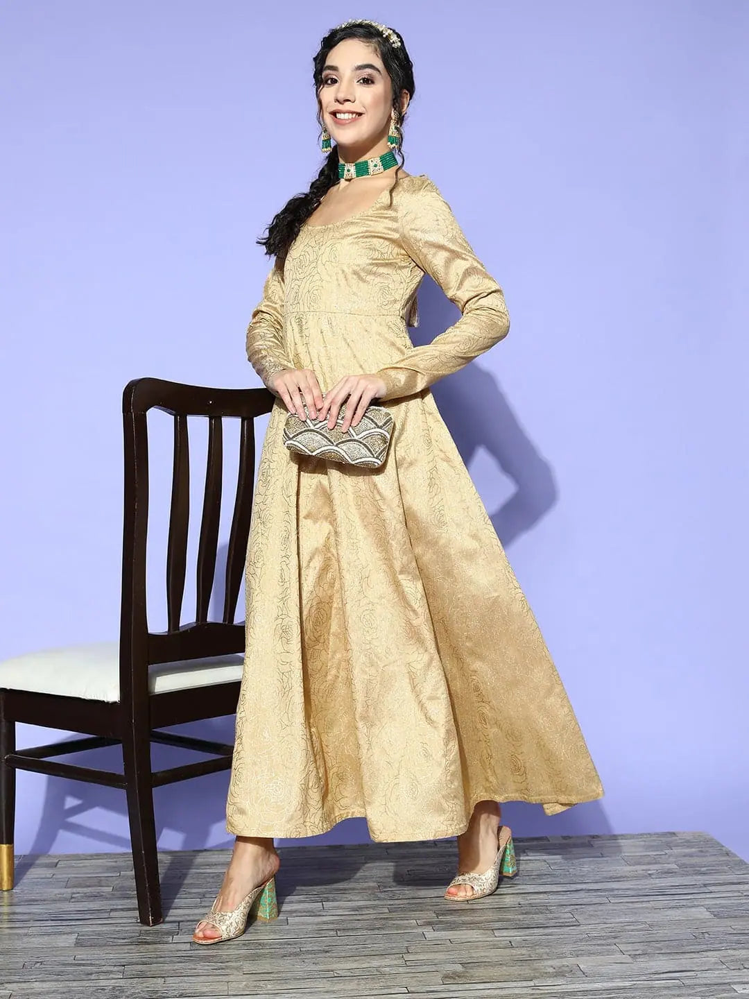 Unleash Your Style Women Gold Chanderi Foil Anarkali Maxi Dress