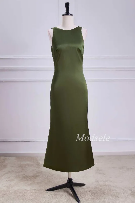 Stylish Women’s Clothes for Work and Play Tie Neck Keyhole Midi Dress in Olive Green