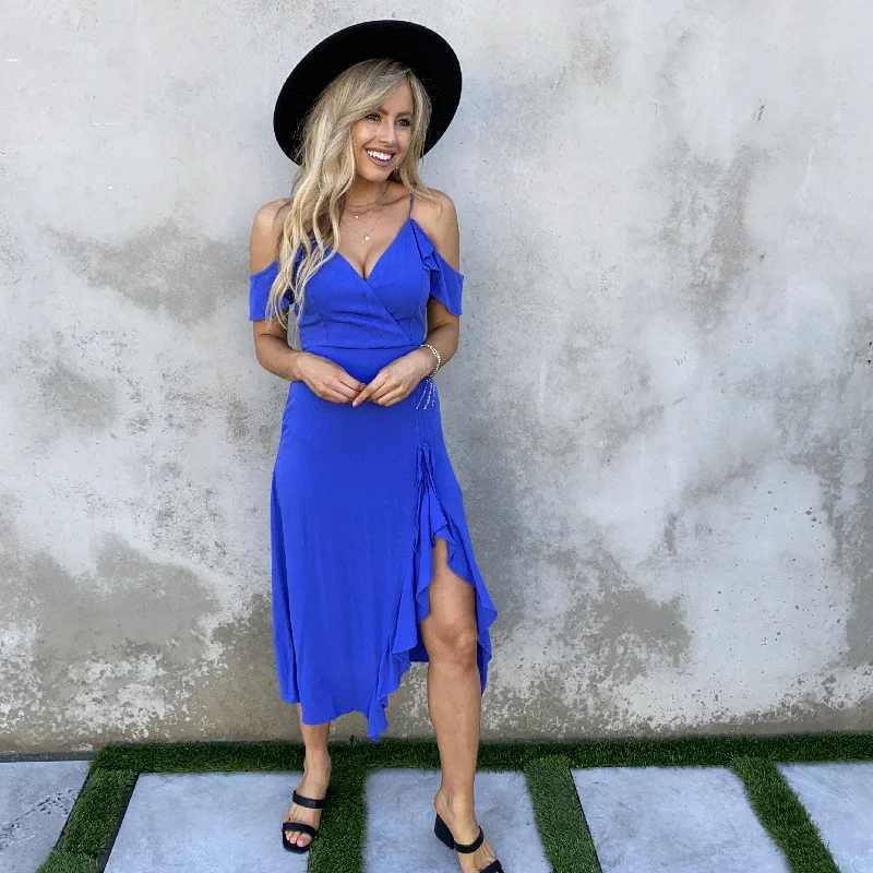 Unleash Your Trend Driven Style Topanga Royal Blue Ruffled Midi Dress