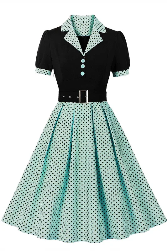 Flash Sales Today Mint Green Polka Dot Lapel Midi Dress with Belt