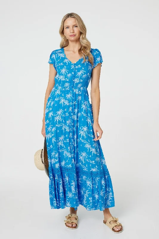 Seasonal Clearance Tropical Print Angel Sleeve Maxi Dress