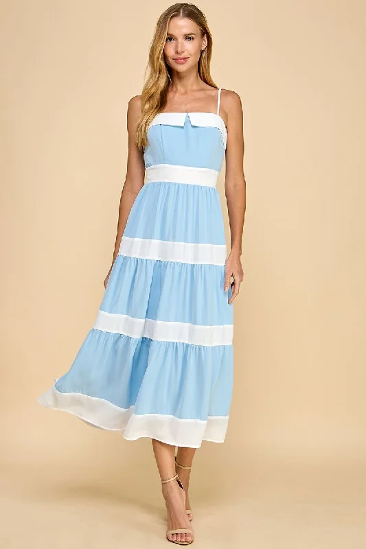 Everyday Basics Tiered Midi Dress with Alternating Stripes