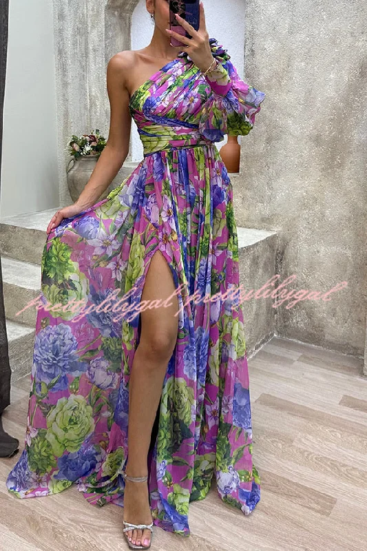 Final Sale Let's Elope Floral Print Pleated One Shoulder Sleeve Slit Maxi Dress